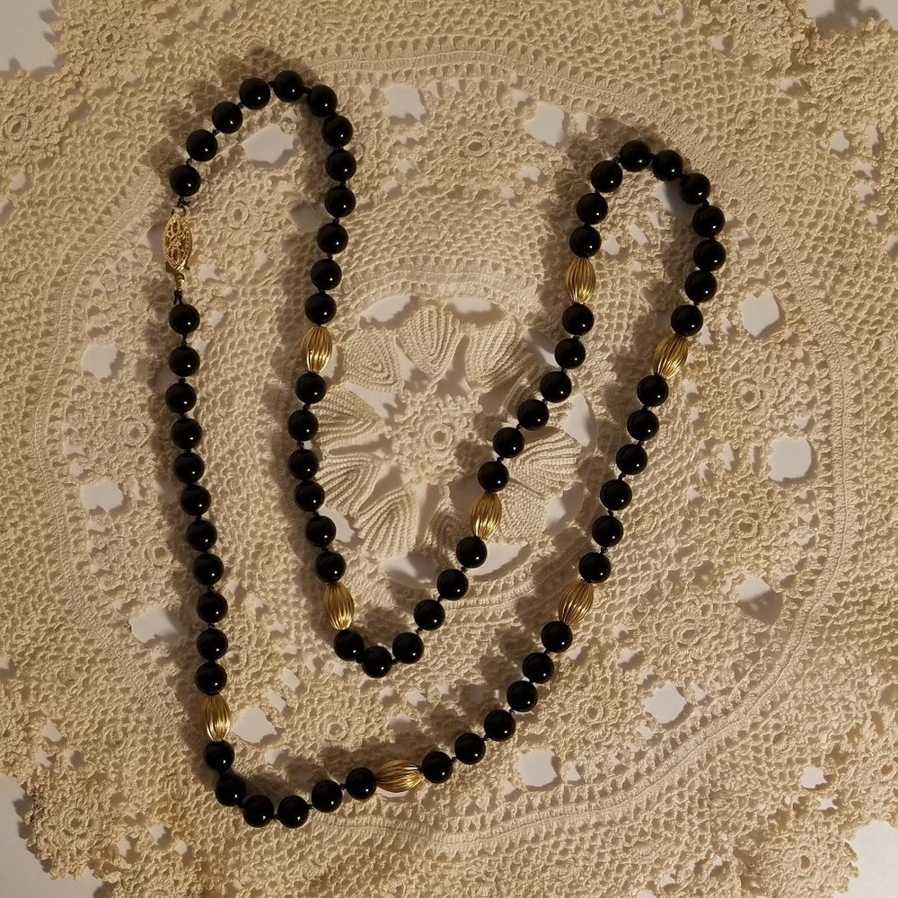 Black Onyx and 14K Gold Fluted Bead Necklace